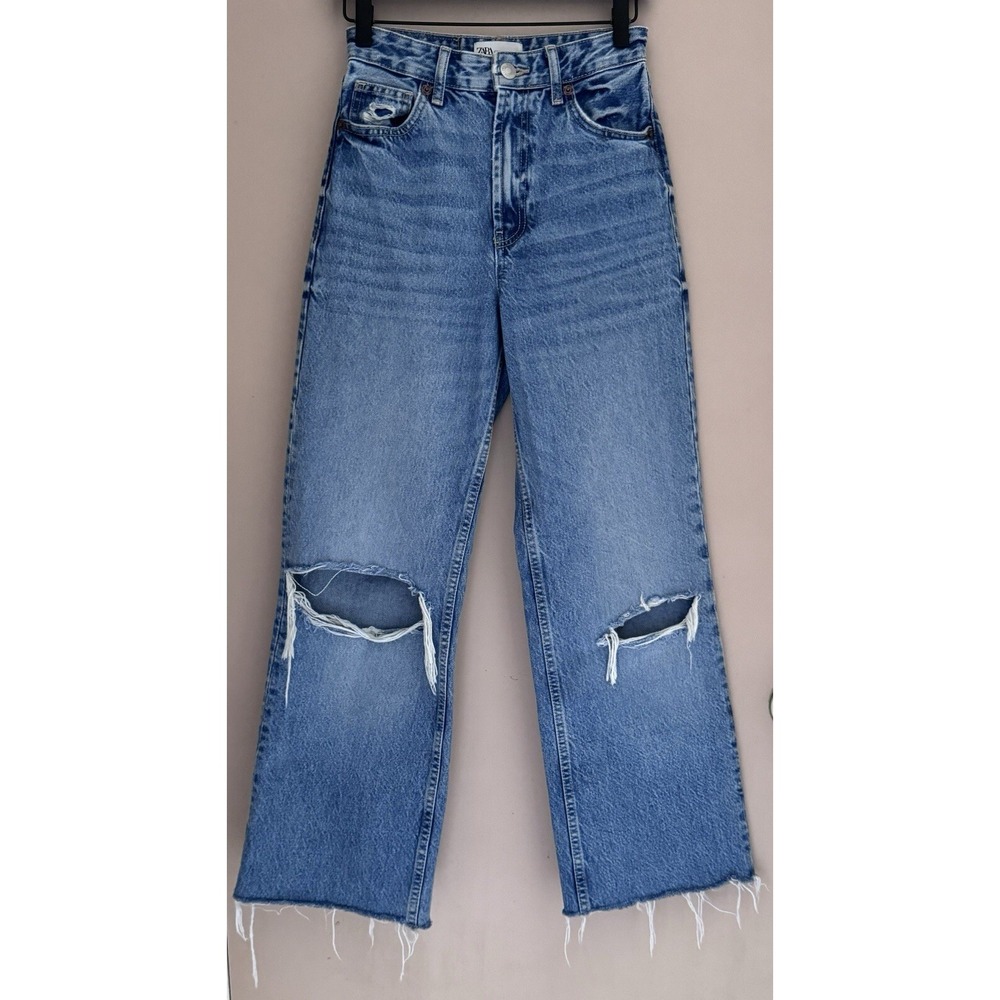ZARA Jeans Womens 2 Blue High Rise Straight Leg Raw Hem Essential 90's Mom Jeans